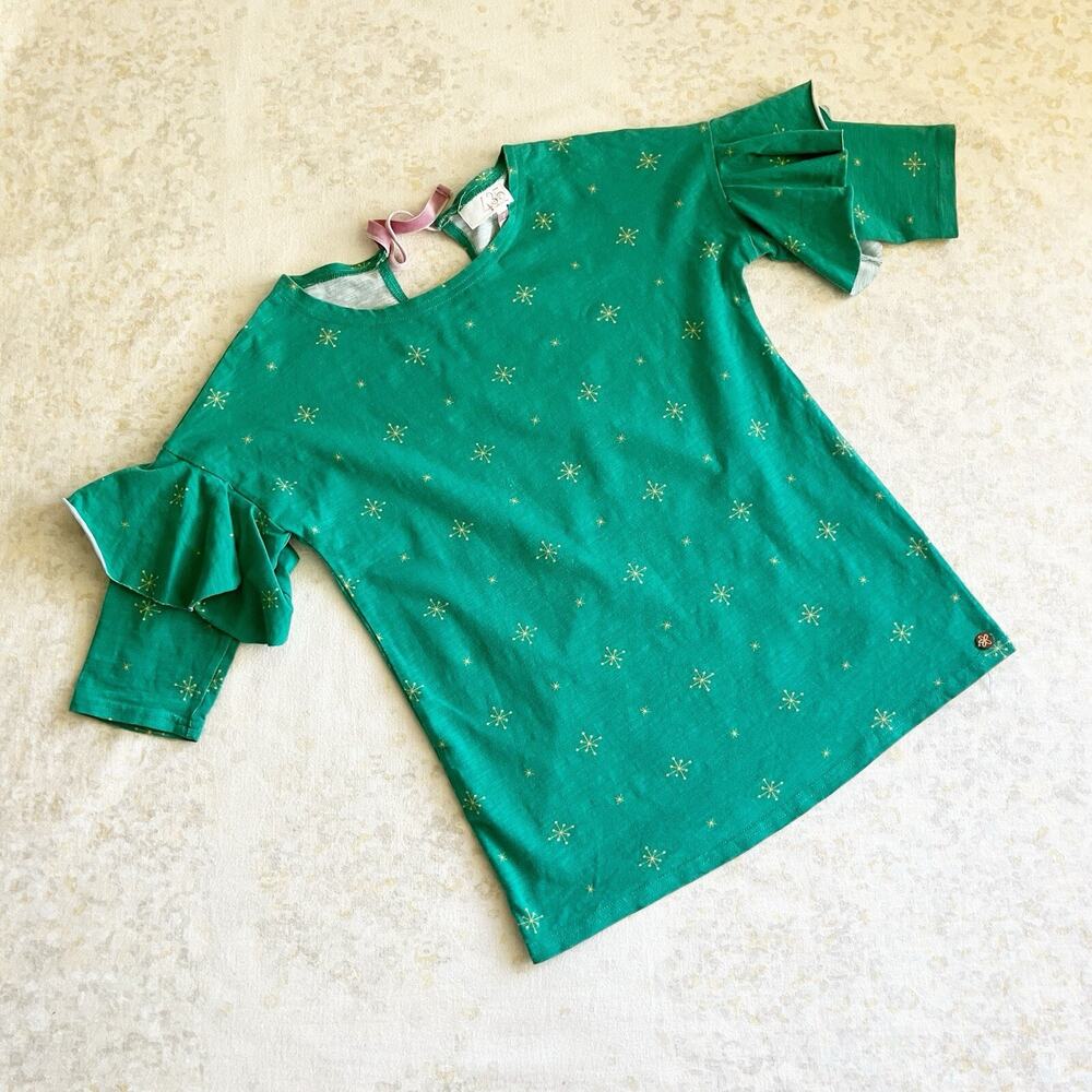 435 Matilda Jane Girls 8 Top Green Print Ruffles Blouse Party Holiday